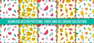 无缝图案套装。水果收藏。草莓，冰淇淋，柑橘，柠檬，橘子，芒果，树叶，橘子，西瓜。手绘彩色素描背景。彩色涂鸦壁纸。