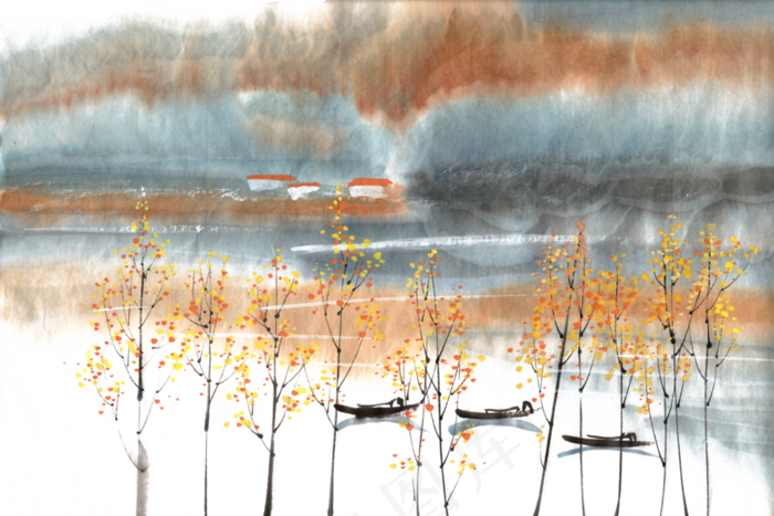 秋天的湖泊水墨画PNG免抠素材(5500X3666(DPI:300))psd模版下载