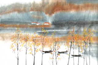 秋天的湖泊水墨画PNG免抠素材