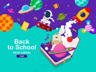 回到学校，书籍灵感，在线学习，平面设计矢量。