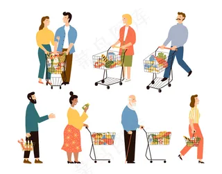 超市顾客。带着购物车的男人和女人。