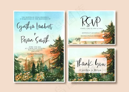 森林日出天空水彩婚礼请柬