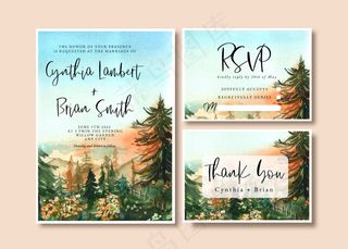 森林日出天空水彩婚礼请柬