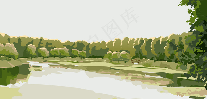 郊野公园、森林中池塘的全景。eps,ai矢量模版下载