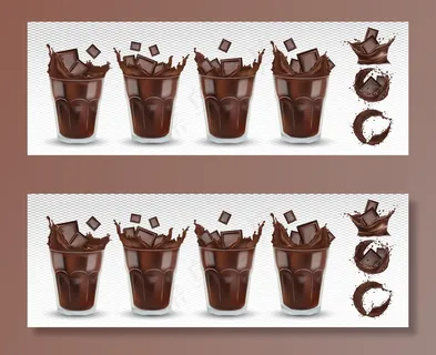 三维逼真的巧克力飞溅在透明玻璃与巧克力片。大收藏可可或咖啡。飞溅的黑巧克力。热巧克力、饮料、鸡尾酒。图标集。插图
