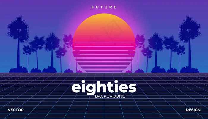 Retrowave，赛博霓虹背景棕榈树景观80年代eps,ai矢量模版下载