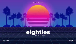 Retrowave，赛博霓虹背景棕榈树景观80年代