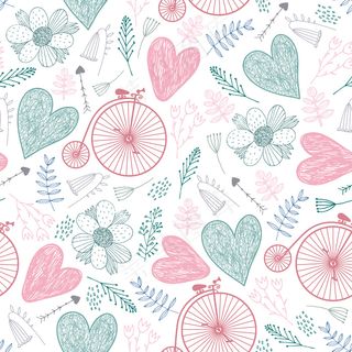 无缝浪漫图案。心形，花卉，老式自行车春天，夏天，婚礼背景粉彩