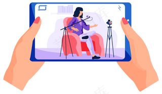 女孩正在用手机看录像。视频中的女主角正在用摄像机录制一首新歌。一个女人坐在一张红色的扶手椅上唱歌，并在镜头前播放