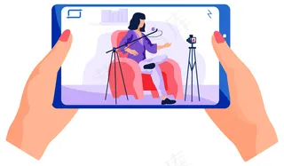 女孩正在用手机看录像。视频中的女主角正在用摄像机录制一首新歌。一个女人坐在一张红色的扶手椅上唱歌，并在镜头前播放