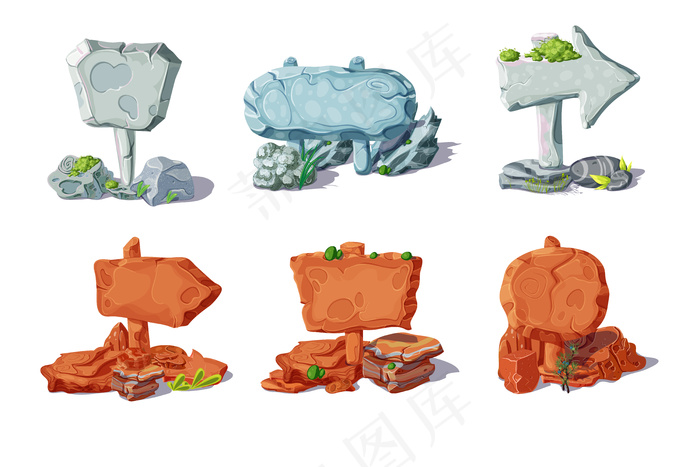 五颜六色的石头指针和招牌收藏，带有卡通风格的植物