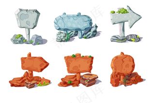 五颜六色的石头指针和招牌收藏，带有卡通风格的植物