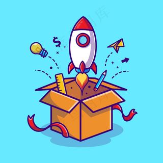 火箭发射从盒子卡通图标插图。业务技术图标概念