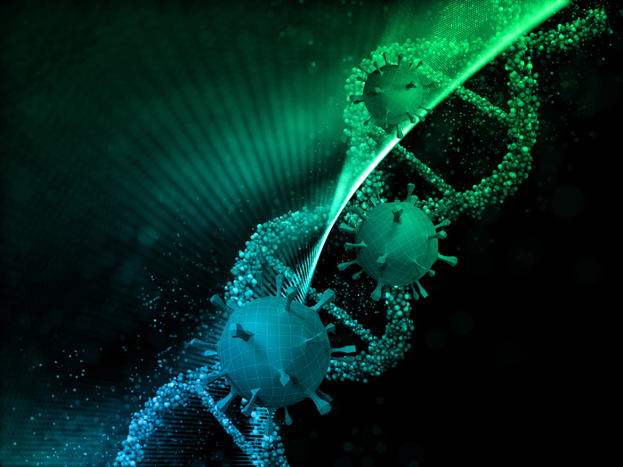 具有低聚病毒细胞和颗粒 dna 链的医学背景的 3d 渲染