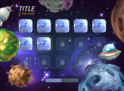 卡通空间元素的ui游戏。按钮用户应用程序app,宇宙和小行星,火箭飞船和探索陨石坑或不明飞行物的插图 卡通空间元素的ui游戏。按钮用户应用程序app,宇宙和小行星,火箭飞船和探索陨石坑或不明飞行物的插图