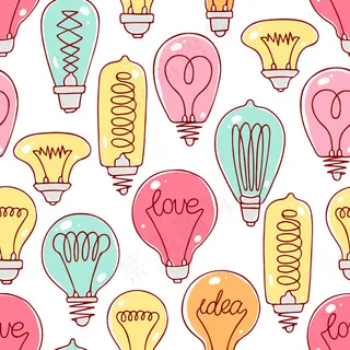 可爱的无缝花纹杂色灯泡。手绘插图