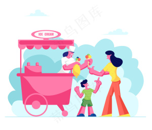 母亲在街上的摊位上给手里拿着气球的小儿子买带彩球的冰淇淋甜筒