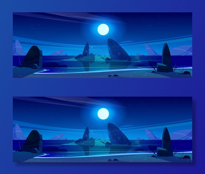 星空下的夜海，岩石上的满月闪闪发光eps,ai矢量模版下载