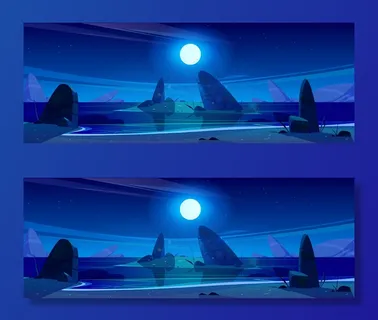 星空下的夜海，岩石上的满月闪闪发光