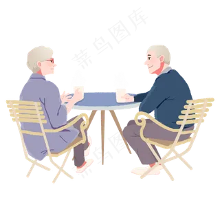 卡通小清新老爷爷老奶奶一起喝茶