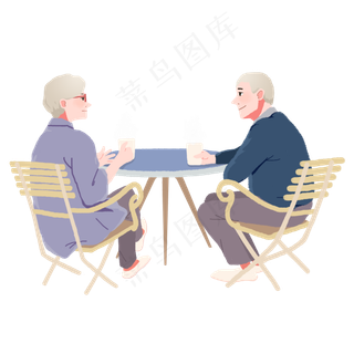 卡通小清新老爷爷老奶奶一起喝茶