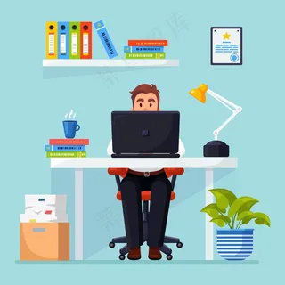 在办公桌旁工作的商人。办公室内部有文件、咖啡。坐在椅子上的经理