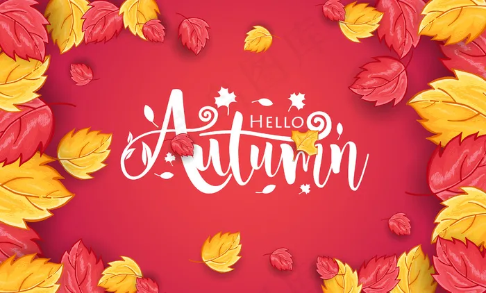 手工绘制的hello秋季背景，带树叶装饰eps,ai矢量模版下载