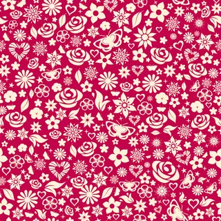 花、叶、星星、蝴蝶和心的无缝图案。栗色上的白色。