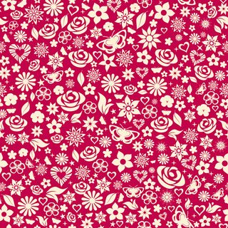 花、叶、星星、蝴蝶和心的无缝图案。栗色上的白色。