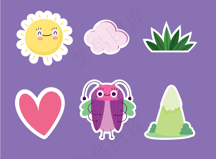 搞笑虫子动物心太阳草山卡通图标插画