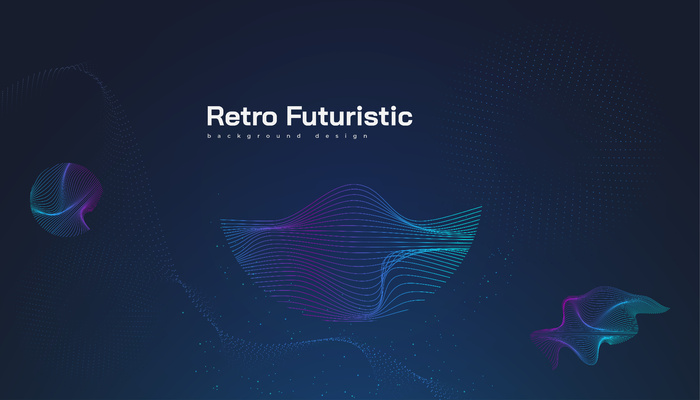 具有抽象多彩波浪形状的复古未来派背景。科幻矢量插图，可用于横幅banner、登录页面、封面、演示文稿等