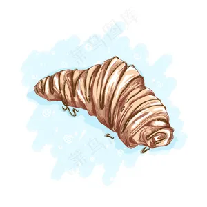 牛角面包洒上巧克力或焦糖。甜点和糖果。素描