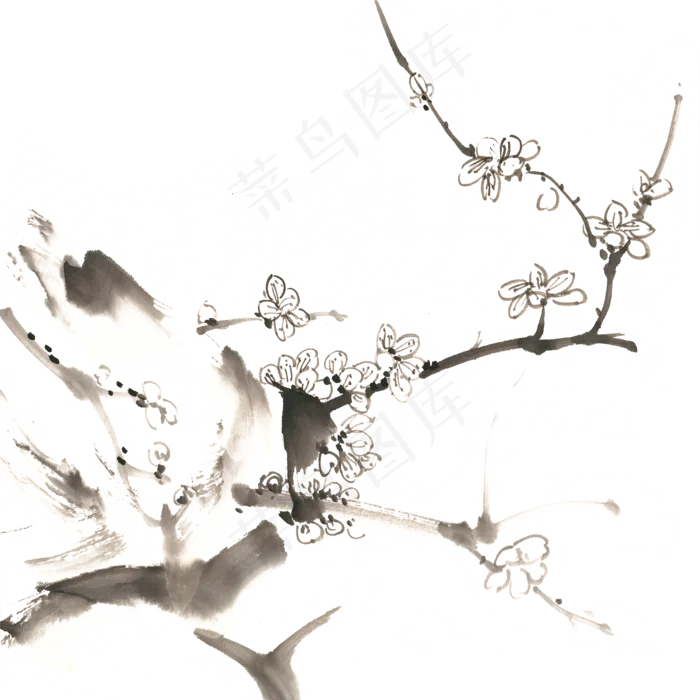 岩石上的梅花水墨画PNG免抠素材(4724X4724(DPI:300))psd模版下载