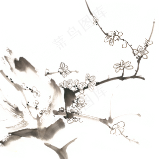 岩石上的梅花水墨画PNG免抠素材