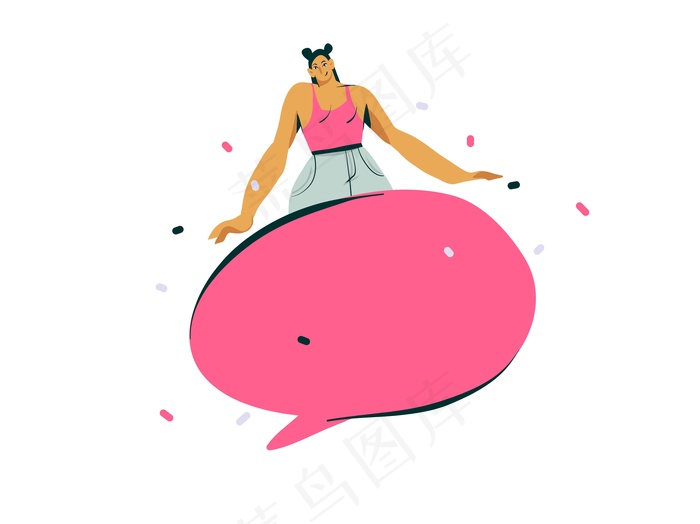 手绘抽象卡通现代图形的影响者女孩人物插图艺术与复制空间语音泡沫的彩色背景。