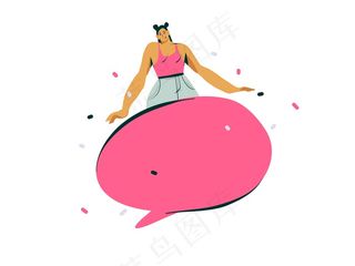 手绘抽象卡通现代图形的影响者女孩人物插图艺术与复制空间语音泡沫的彩色背景。