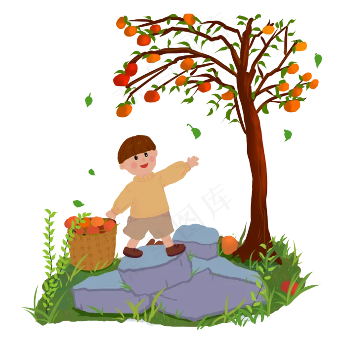 霜降摘柿子卡通手绘免扣元素(3000X3000(DPI:300))psd模版下载