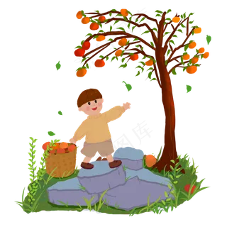 霜降摘柿子卡通手绘免扣元素