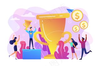 拿着金质奖杯和奖牌的比赛冠军。领导力和成就。奖金池、奖金分配、锦标赛主要奖金概念。