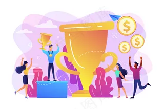 拿着金质奖杯和奖牌的比赛冠军。领导力和成就。奖金池、奖金分配、锦标赛主要奖金概念。