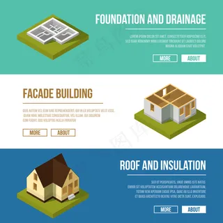 工业插图与建筑施工阶段的三个横幅banner设置。向量等距il