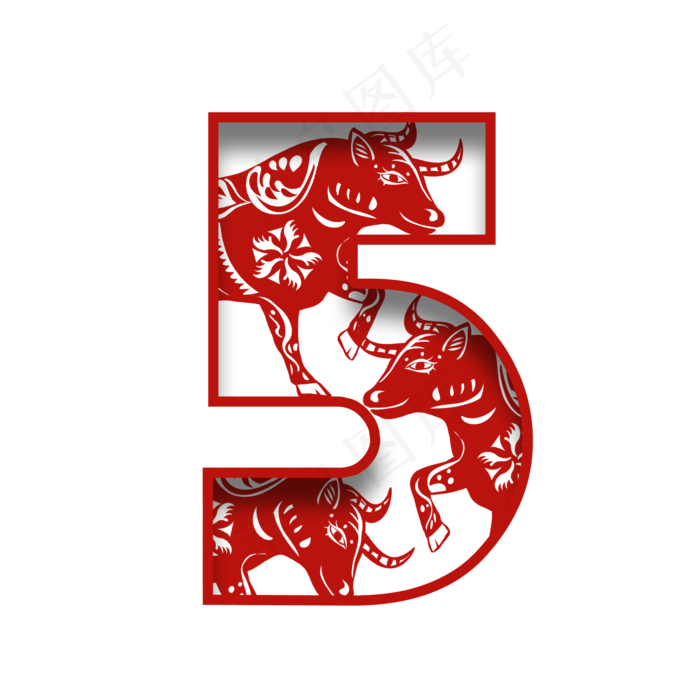 中国风红色剪纸牛年数字5