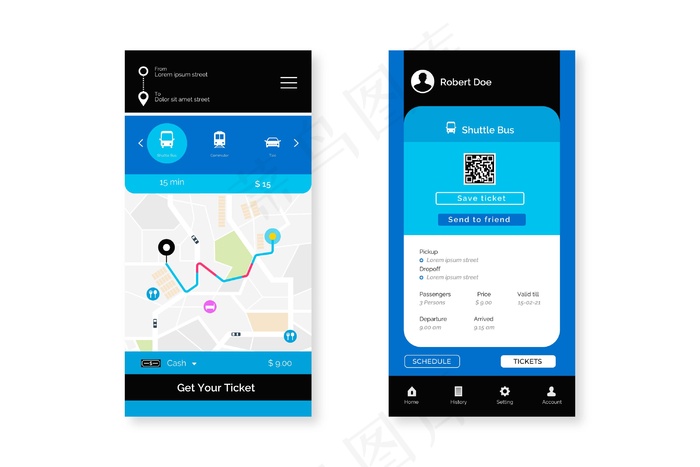 公共交通应用程序app屏幕集合eps,ai矢量模版下载