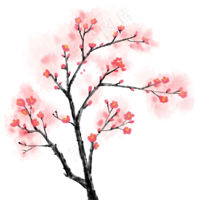 手绘古风中国风水墨红色梅花元素(2000X2000(DPI:300))psd模版下载