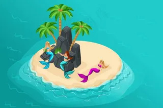 卡通岛，童话人物，无人岛上的美人鱼，坐在小屋里，躺在沙滩上，大海里，大海里