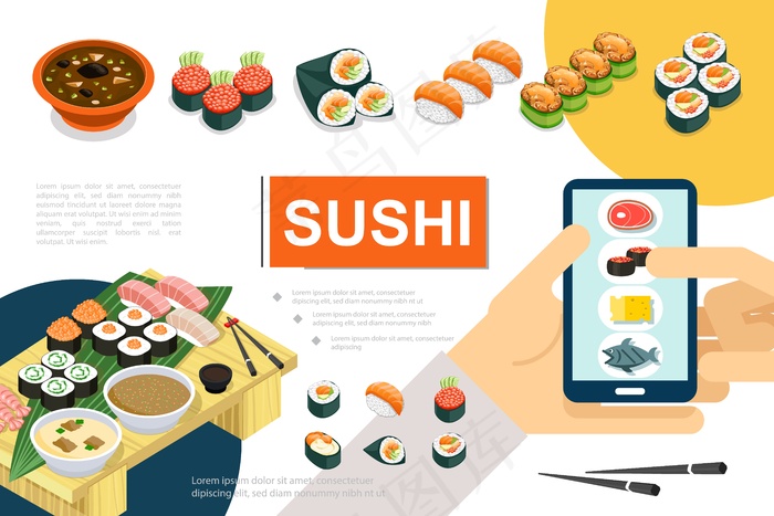 等距日本食品成分，不同类型的寿司生鱼片汤和在线订购的面包卷插图eps,ai矢量模版下载