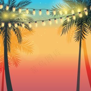 夏季假日日落棕榈叶和黄色花环灯泡。插图