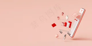 数字营销概念，在线购物手机app移动应用，网页横幅banner背景，三维渲染