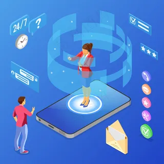 在线等距客户支持概念。移动呼叫中心配备女性顾问、耳机、分级、聊天图标、手机。孤立的