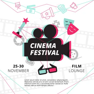 电影节海报，中心有摄像机轮廓和电影产业的属性